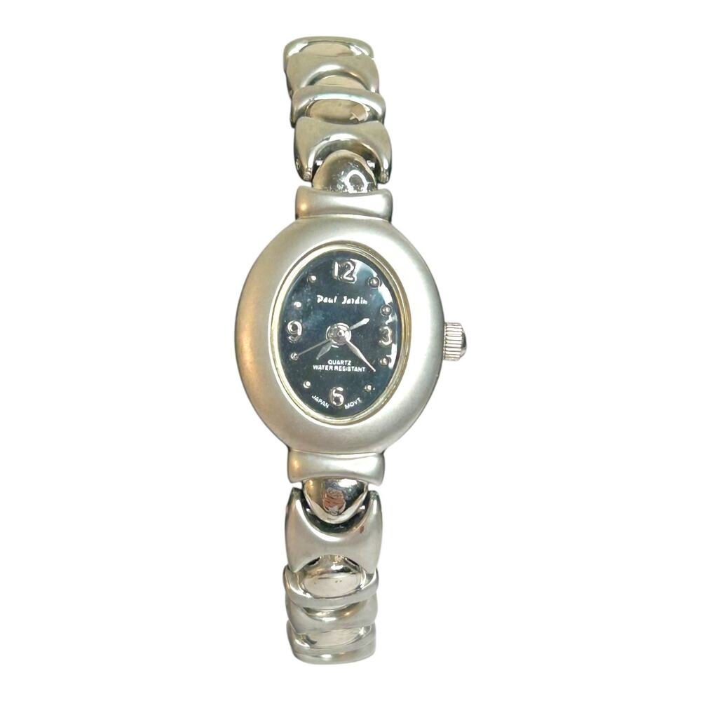 Womens Vintage Paul Jardin Silver Tone Quartz Watch Black Dial